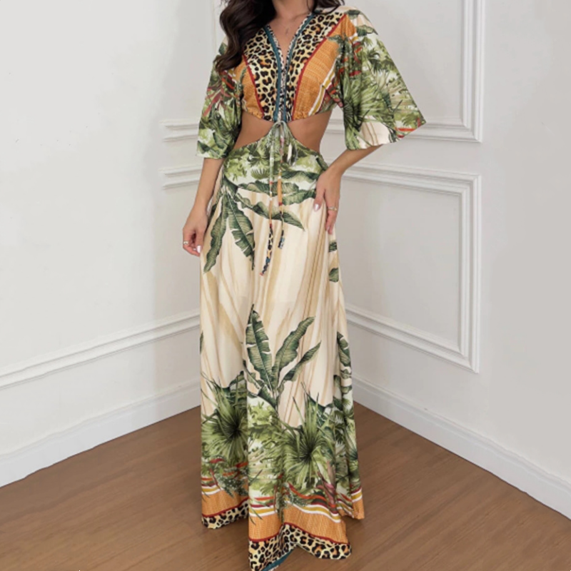 Maxikleid mit Leopardenmuster, Bindeband vorne und Cut-Outs