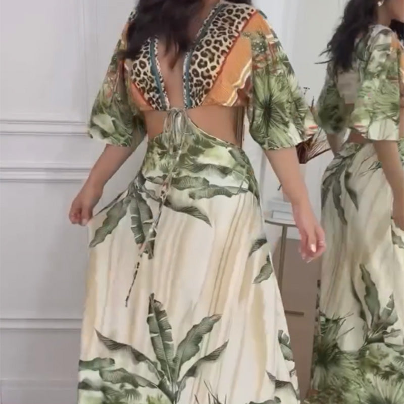 Maxikleid mit Leopardenmuster, Bindeband vorne und Cut-Outs