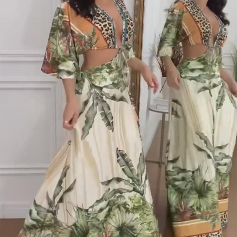 Maxikleid mit Leopardenmuster, Bindeband vorne und Cut-Outs