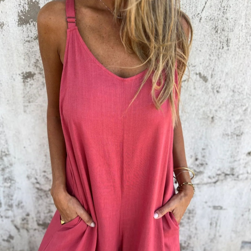 💧Lässiger Damen-Jumpsuit aus Baumwoll-Leinen-Mix mit Taschen und verstellbaren Trägern in lockerer Passform