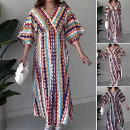 Maxikleid für Damen mit Print, Colorblock-Design und V-Ausschnitt