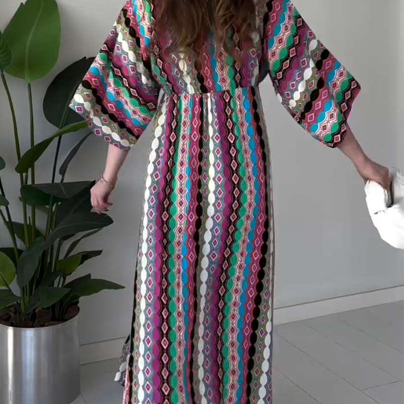 Maxikleid für Damen mit Print, Colorblock-Design und V-Ausschnitt