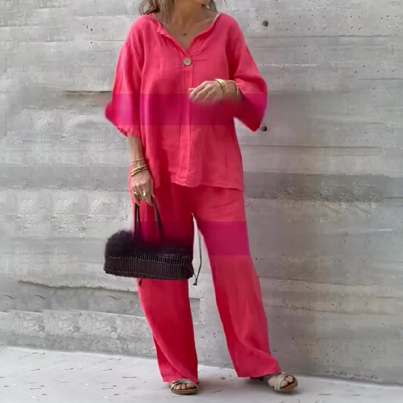 🎁🔥Zweiteiler in lockerer Passform: Bluse mit 3/4-Ärmeln & Hose mit weitem Bein