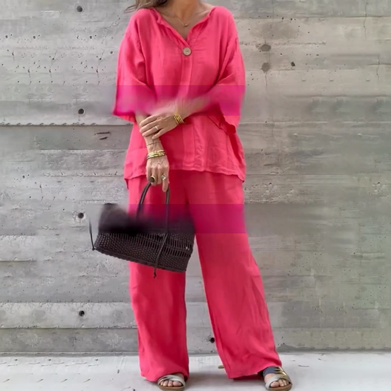 🎁🔥Zweiteiler in lockerer Passform: Bluse mit 3/4-Ärmeln & Hose mit weitem Bein