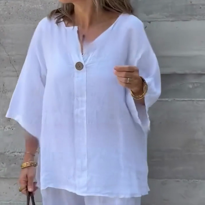 🎁🔥Zweiteiler in lockerer Passform: Bluse mit 3/4-Ärmeln & Hose mit weitem Bein