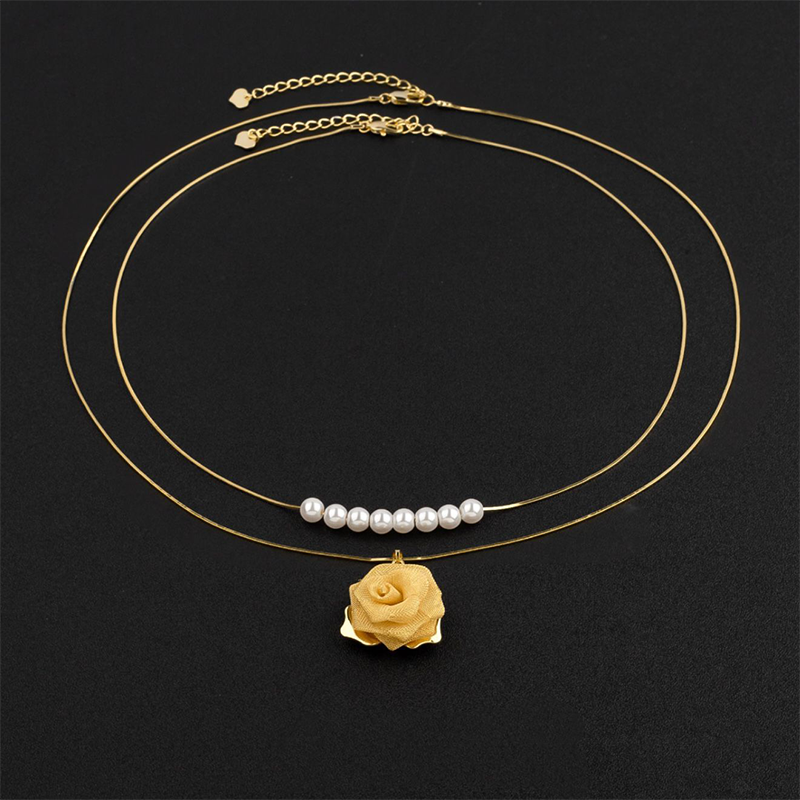 💖💖Doppellagige Halskette mit 3D-Rose und Kunstperlen