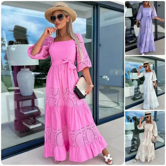 🌸💐Trendiges, langes Patchwork-Kleid mit Taillengürtel und quadratischem Ausschnitt für Damen