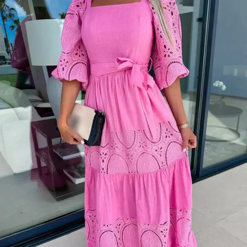 🌸💐Trendiges, langes Patchwork-Kleid mit Taillengürtel und quadratischem Ausschnitt für Damen