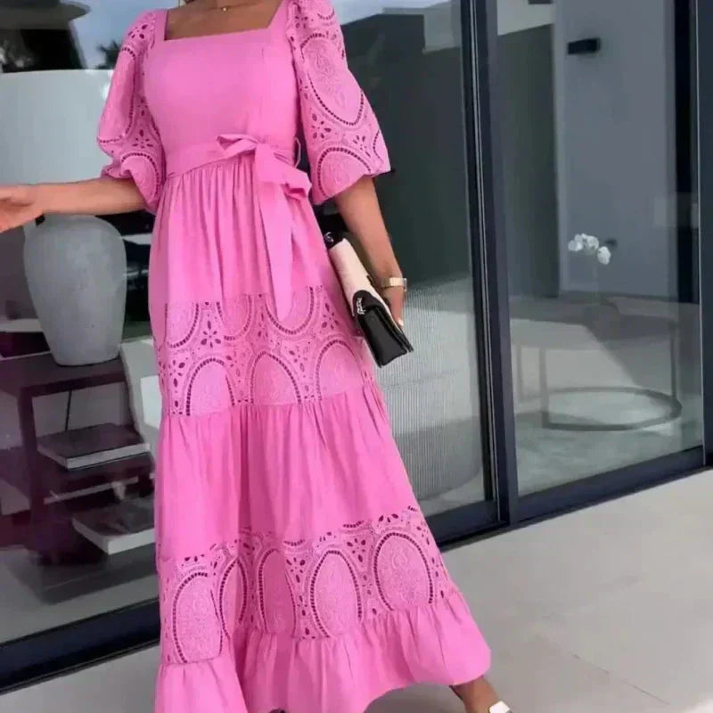 🌸💐Trendiges, langes Patchwork-Kleid mit Taillengürtel und quadratischem Ausschnitt für Damen
