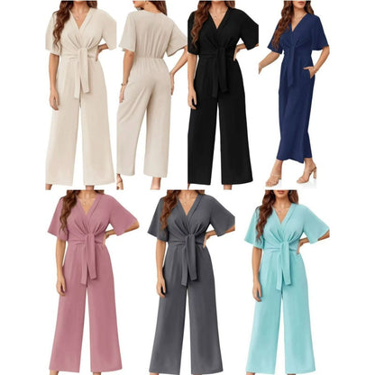 ❤️Eleganter V-Ausschnitt Jumpsuit mit breiter Taille und Bindeband für Damen