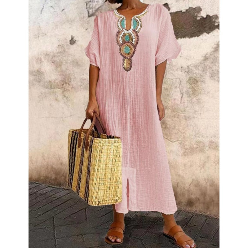 Damen lässiges lockeres Kleid aus Baumwoll-Leinen mit Stickerei und Schlitz