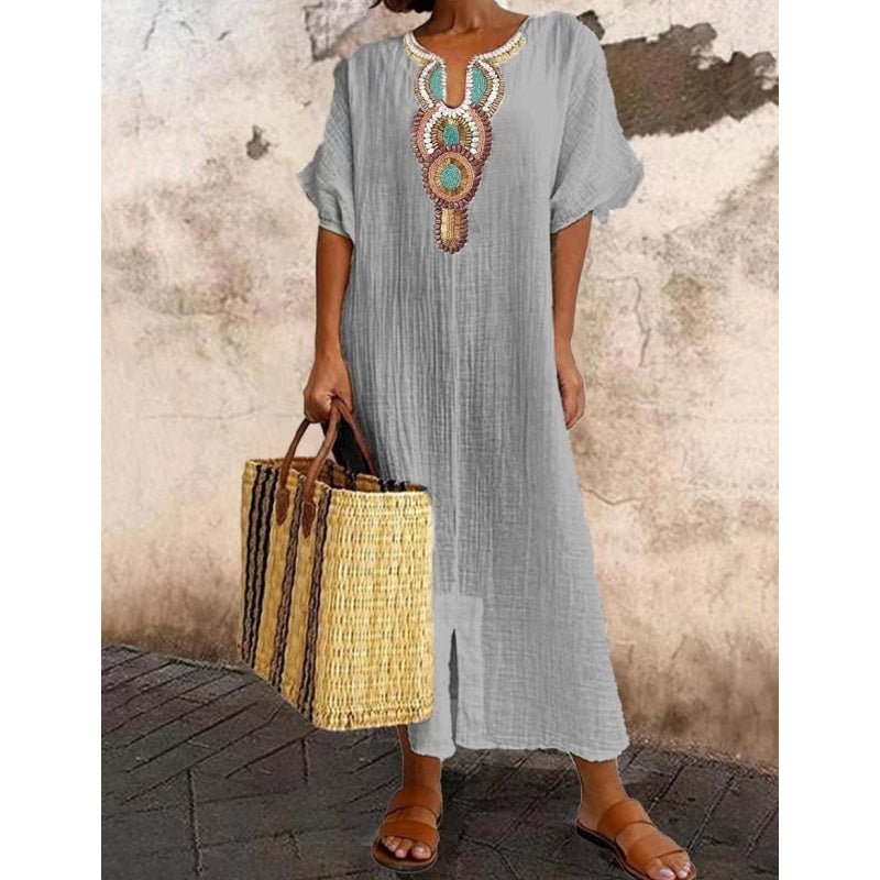 Damen lässiges lockeres Kleid aus Baumwoll-Leinen mit Stickerei und Schlitz