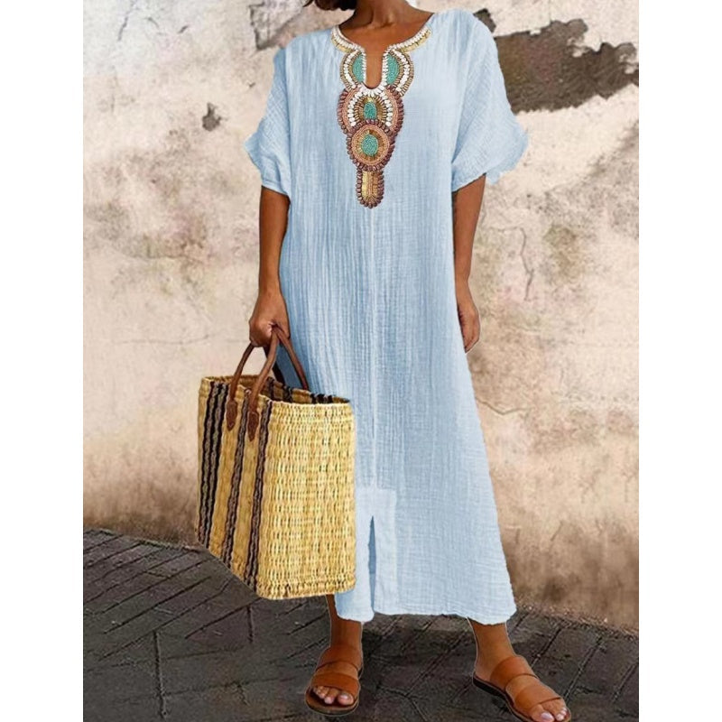 Damen lässiges lockeres Kleid aus Baumwoll-Leinen mit Stickerei und Schlitz