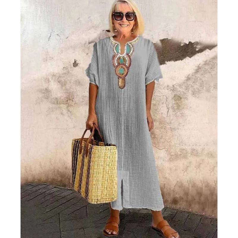 Damen lässiges lockeres Kleid aus Baumwoll-Leinen mit Stickerei und Schlitz
