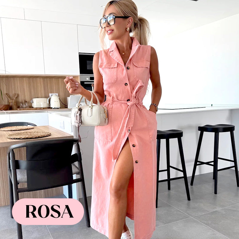 💥💃Sommer Neuankömmlinge halber Preis⏳Damen-Midi-Jeanskleid mit Taillenband