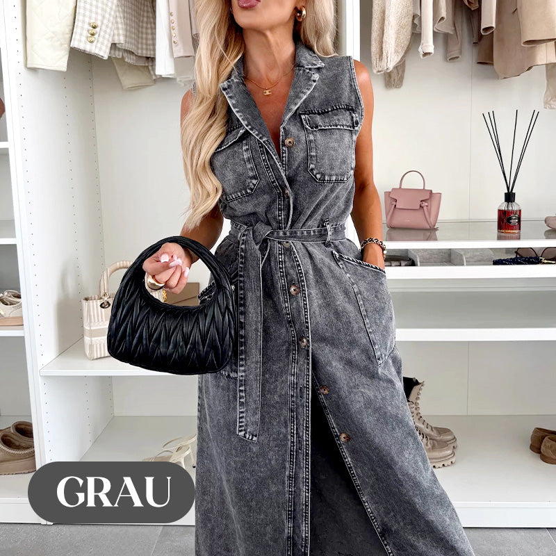 💥💃Sommer Neuankömmlinge halber Preis⏳Damen-Midi-Jeanskleid mit Taillenband