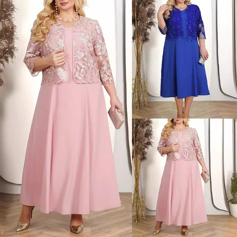 ✨💃Unifarbenes Damenkleid mit bestickter Jacke aus Spitze