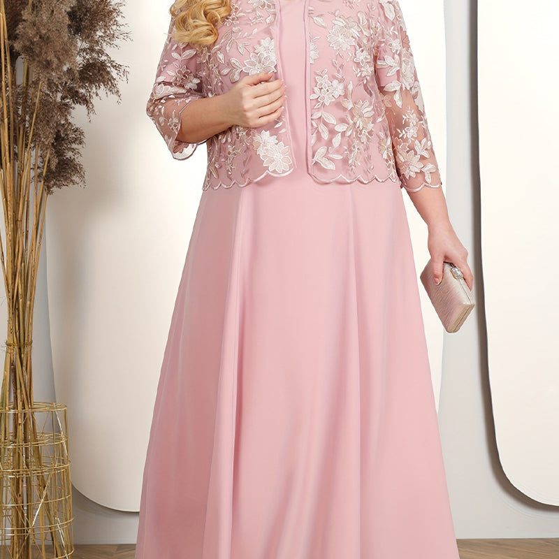 ✨💃Unifarbenes Damenkleid mit bestickter Jacke aus Spitze