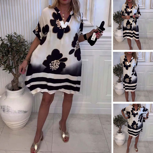 Locker geschnittenes Damenkleid mit Print und tiefem Tunika-Ausschnitt