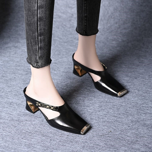 🌟Damen lässige Mules mit quadratischer Zehenpartie und mittelhohem Blockabsatz aus Metall