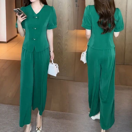 🌿✨Zweiteiliges Damen-Set aus kurzarm-Top mit V-Ausschnitt und weiter Hose