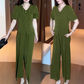 🌿✨Zweiteiliges Damen-Set aus kurzarm-Top mit V-Ausschnitt und weiter Hose