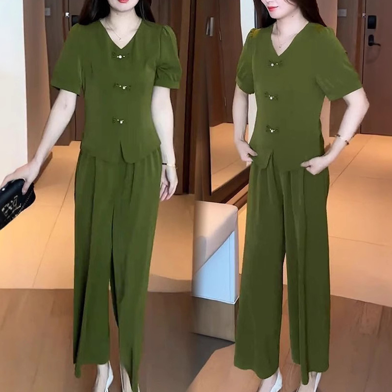🌿✨Zweiteiliges Damen-Set aus kurzarm-Top mit V-Ausschnitt und weiter Hose