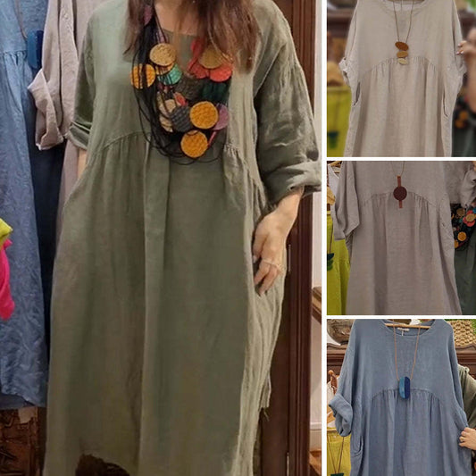 💃Lässiges, lockeres, einfarbiges Damenkleid mit Rundhalsausschnitt, 3/4-Ärmeln und Taschen