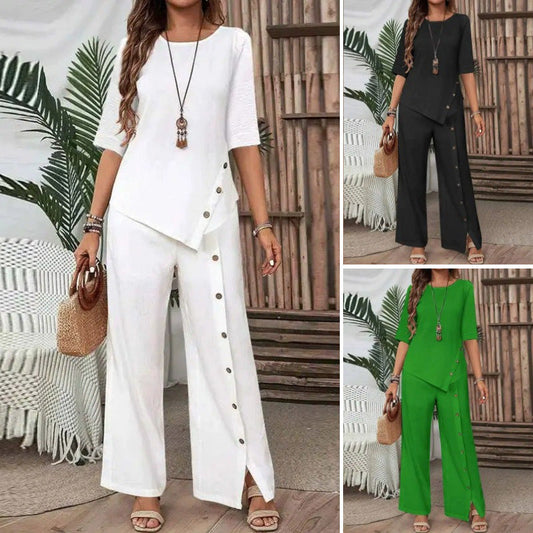 💎 -50% AUF 2-TEILIGES SET! 💎 Asymmetrisches Top & Weite Hose mit Knopf-Detail für Beruf & Freizeit 👖✨