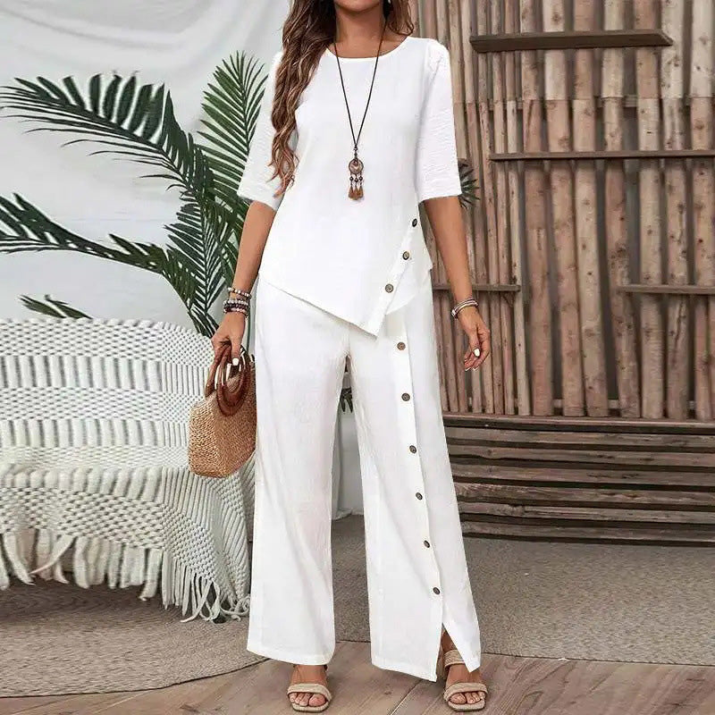 🌸Zweiteiliges Damen-Set aus Top mit asymmetrischem Saum und Hose mit weitem Bein
