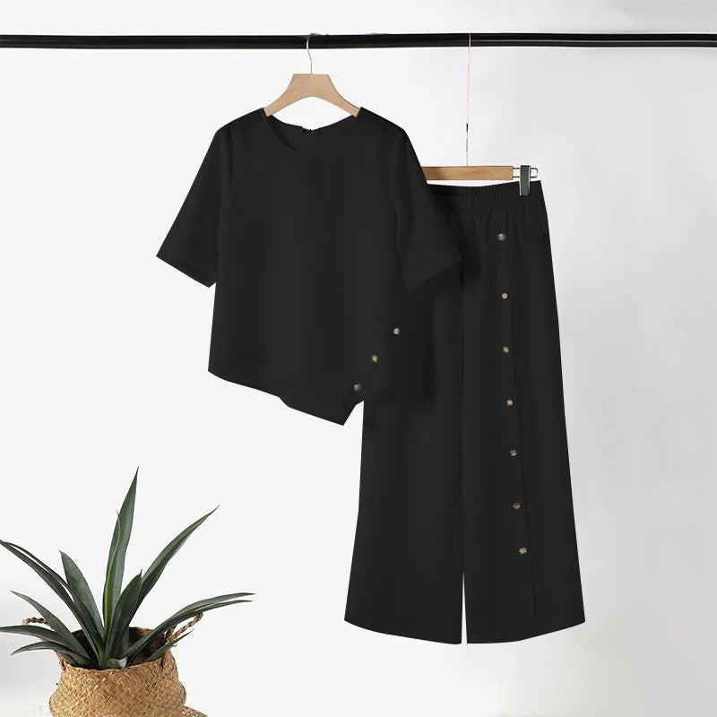 🌸Zweiteiliges Damen-Set aus Top mit asymmetrischem Saum und Hose mit weitem Bein
