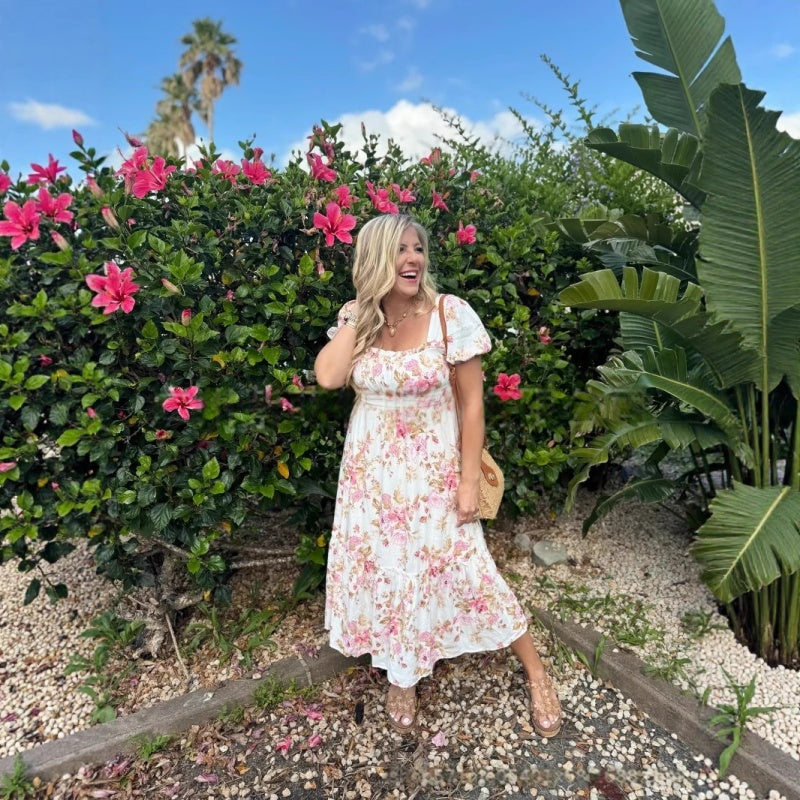 🏖️Sommer-Hot-Sale 49% Rabatt🌼Bedrucktes, plissiertes Kurzarmkleid für Damen mit quadratischem Ausschnitt