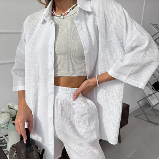 🔥Damen 2-teiliges Freizeitset: Bluse und Shorts mit elastischem Bund