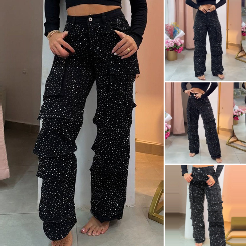 🔥Weite Hose mit Strasssteinen und Taschen für Damen