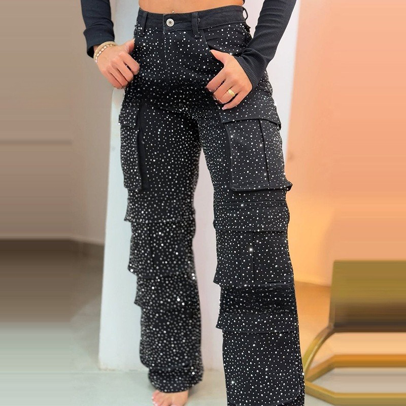 🔥Weite Hose mit Strasssteinen und Taschen für Damen