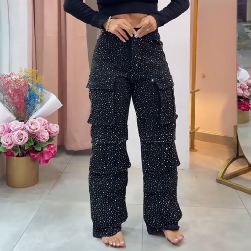 🔥Weite Hose mit Strasssteinen und Taschen für Damen