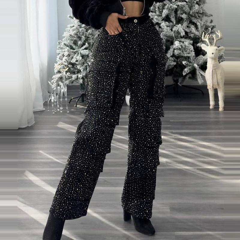 🔥Weite Hose mit Strasssteinen und Taschen für Damen