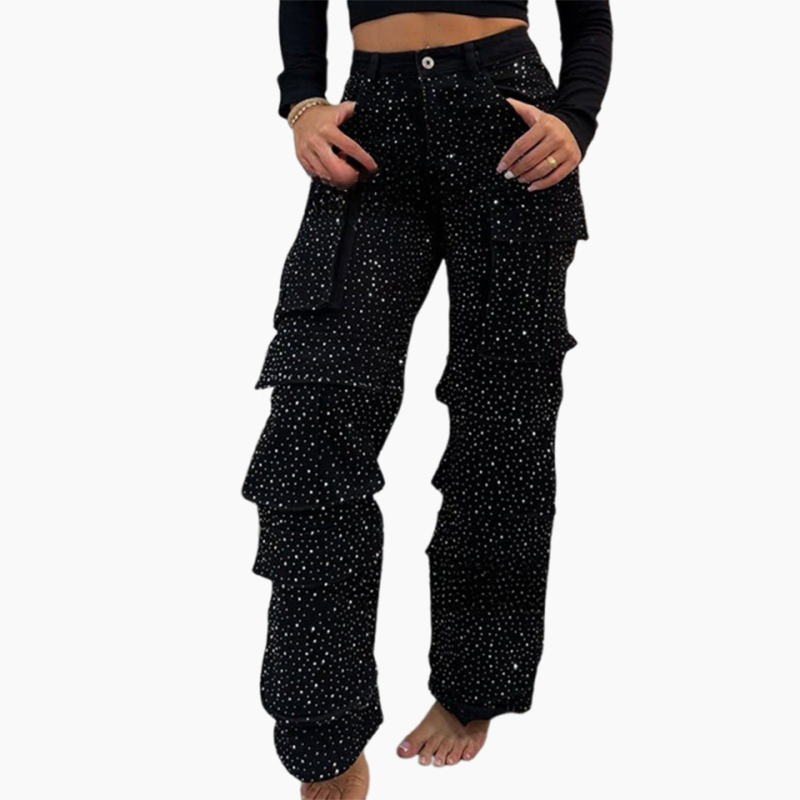 🔥Weite Hose mit Strasssteinen und Taschen für Damen