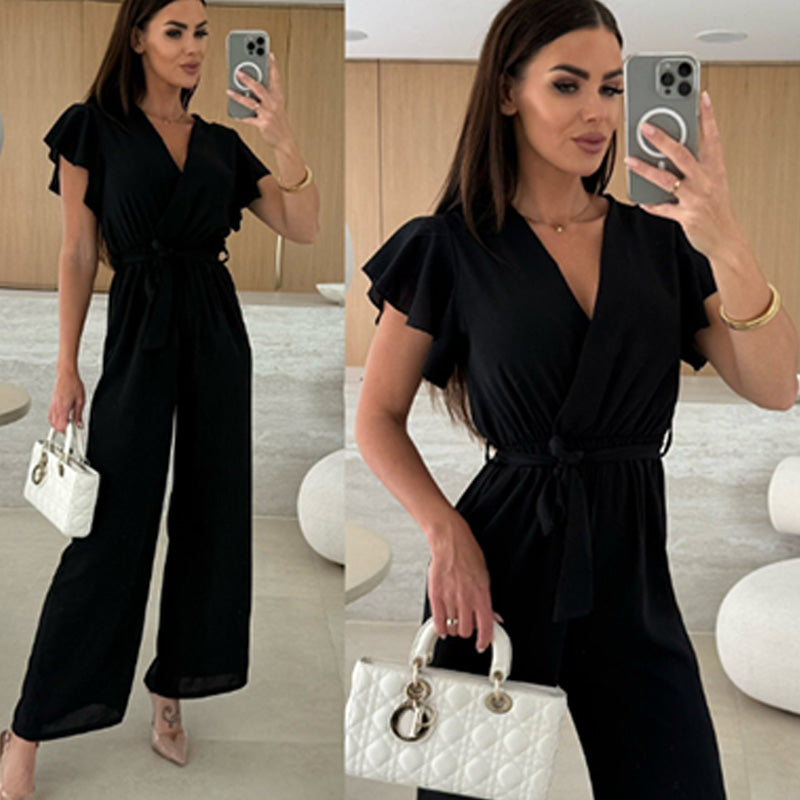 💕Damen einfarbiger Jumpsuit mit V-Ausschnitt, Rüschenärmeln und weitem Bein