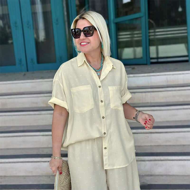 💙Atmungsaktiver Zweiteiler in Uni-Farbe – Kurzärmlige Hemdbluse mit Kragen & Hose mit weitem Bein