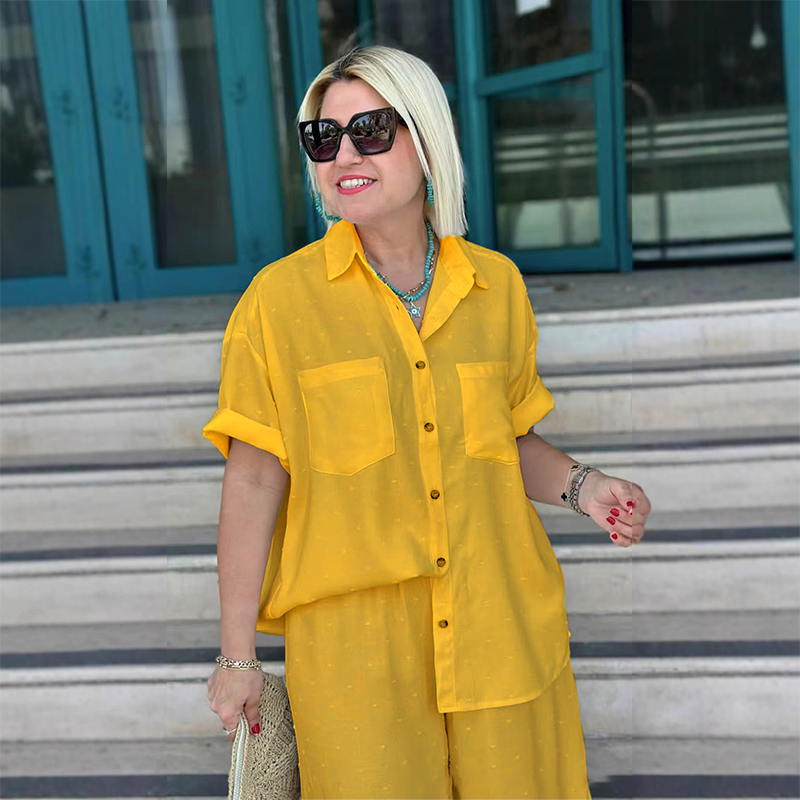 💙Atmungsaktiver Zweiteiler in Uni-Farbe – Kurzärmlige Hemdbluse mit Kragen & Hose mit weitem Bein