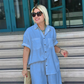 💙Atmungsaktiver Zweiteiler in Uni-Farbe – Kurzärmlige Hemdbluse mit Kragen & Hose mit weitem Bein