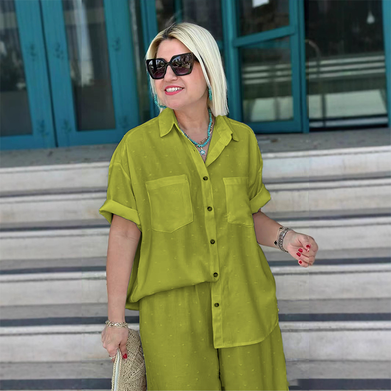 💙Atmungsaktiver Zweiteiler in Uni-Farbe – Kurzärmlige Hemdbluse mit Kragen & Hose mit weitem Bein