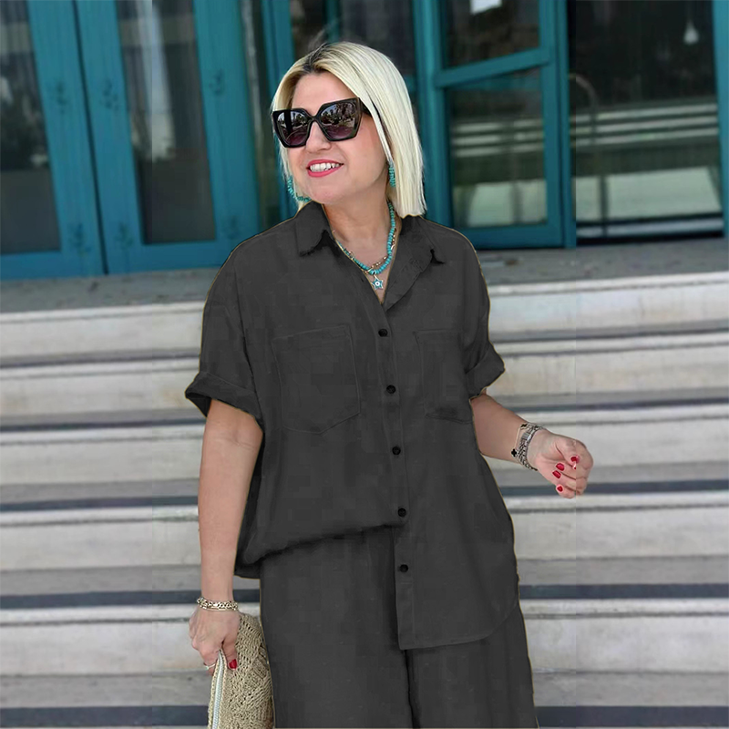 💙Atmungsaktiver Zweiteiler in Uni-Farbe – Kurzärmlige Hemdbluse mit Kragen & Hose mit weitem Bein