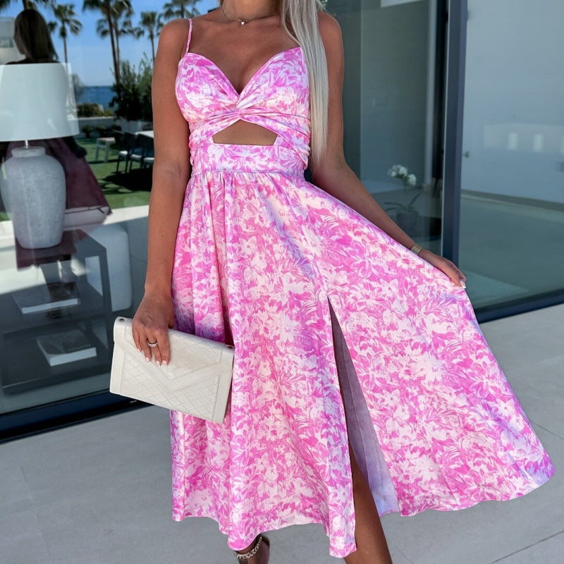 🌸 49% Rabatt auf neue Produkte 💖Rosa ärmelloses Kleid mit Blumenmuster, Taillenausschnitt und V-Ausschnitt