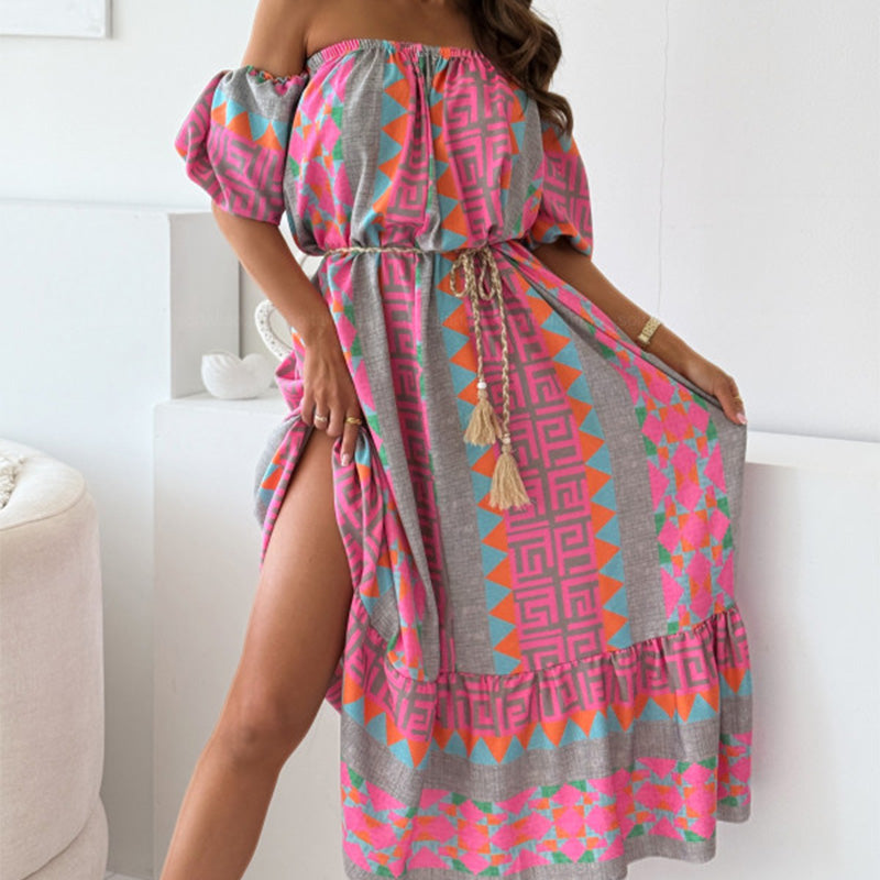 ✨Damen lässiges schulterfreies Kleid mit Druck