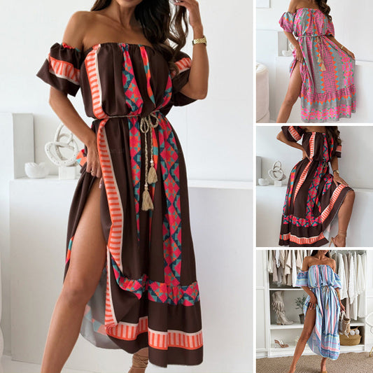 ✨Damen lässiges schulterfreies Kleid mit Druck