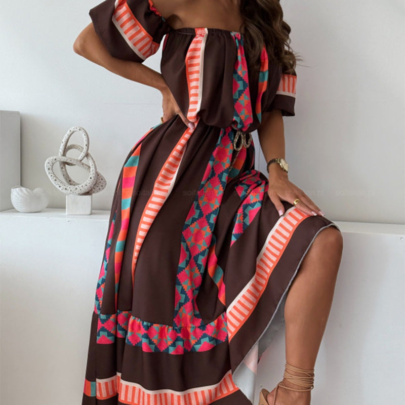 ✨Damen lässiges schulterfreies Kleid mit Druck