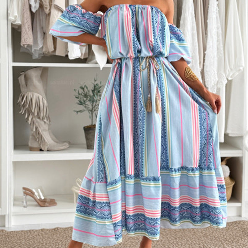 ✨Damen lässiges schulterfreies Kleid mit Druck