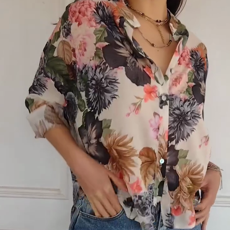 💕Damenbluse mit Blumenmuster und V-Ausschnitt